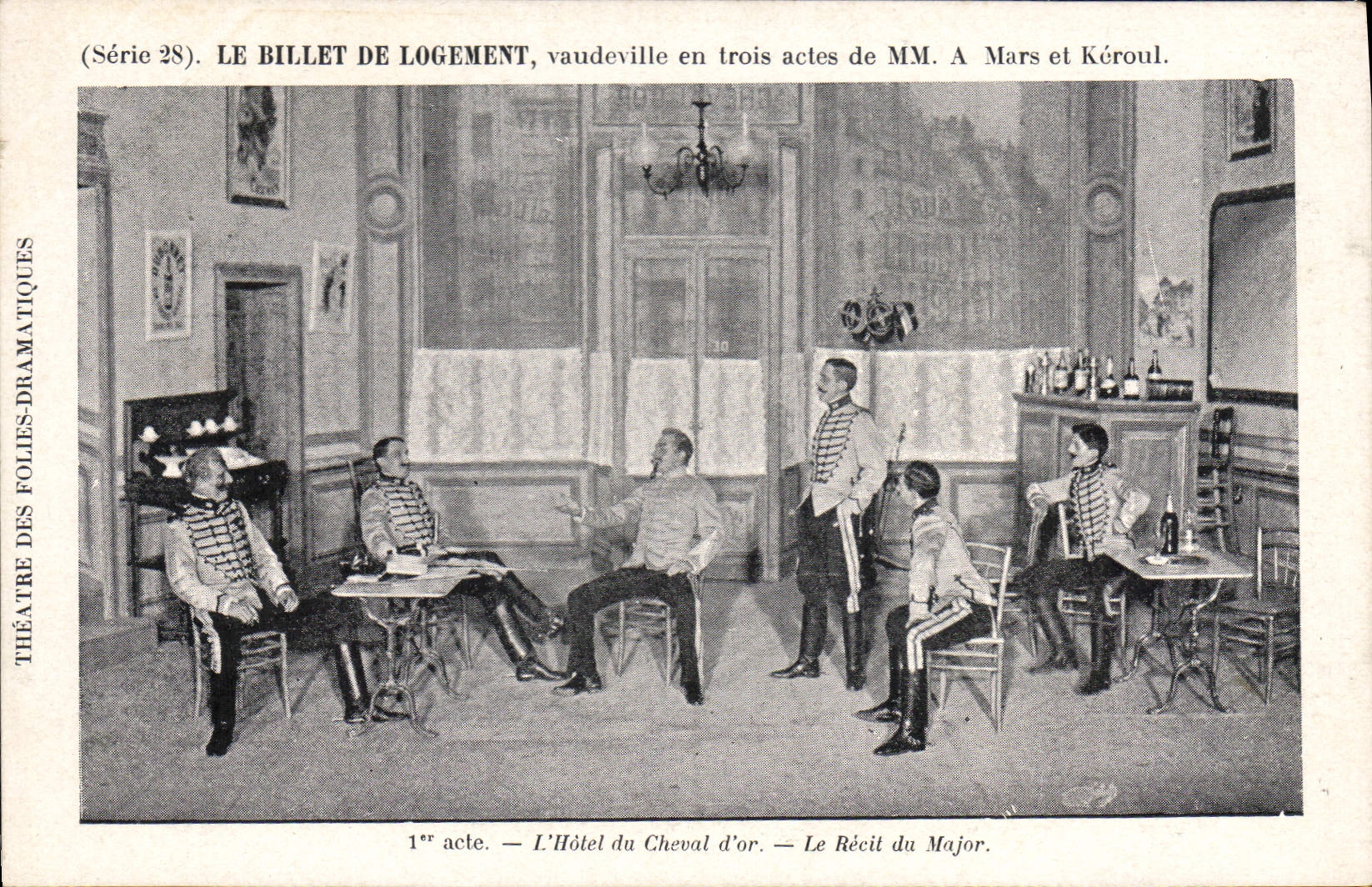 Postal Teatro el billete de alojamiento Vodevil Marzo y de Keroul el Hotel del Caballo de Oro