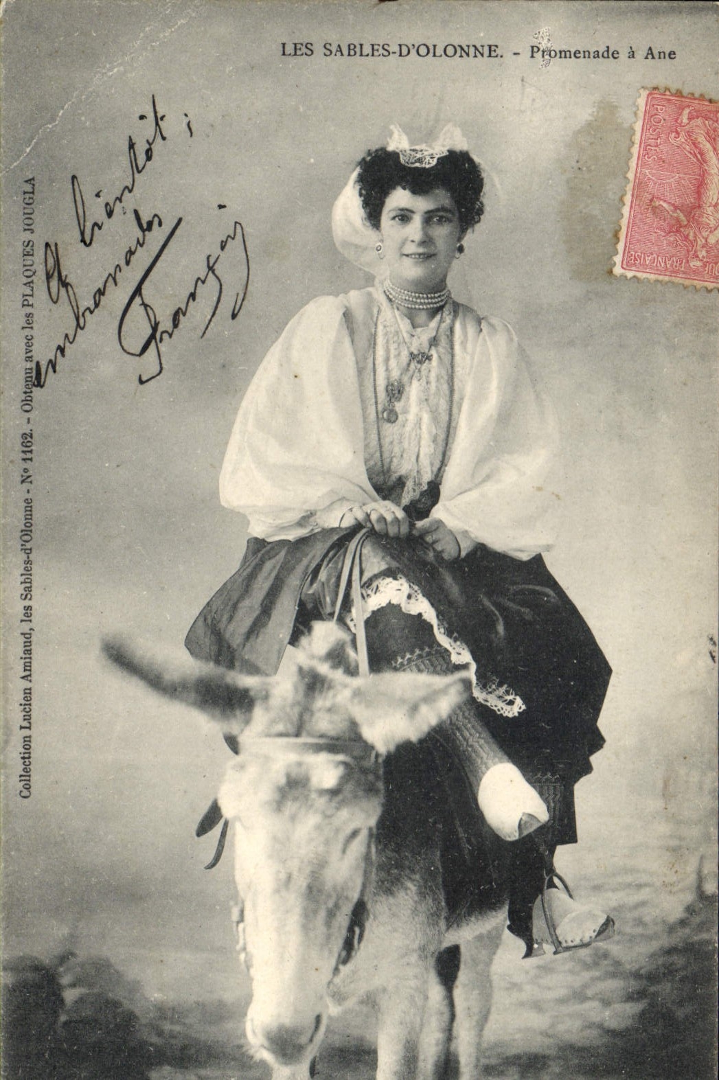 Vintage Postcard Folklore Sands of Olonne Promenade has donkey