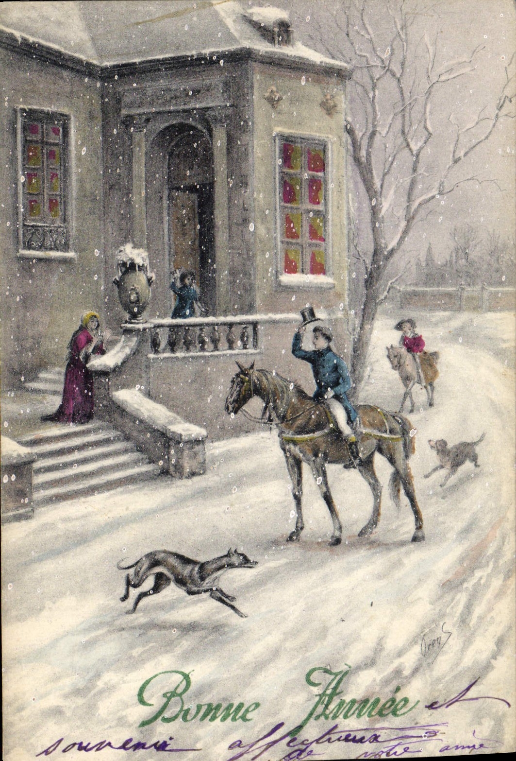 CPA Fantaisie Illustrateur Cavalier Bonne annee Cheval Chien