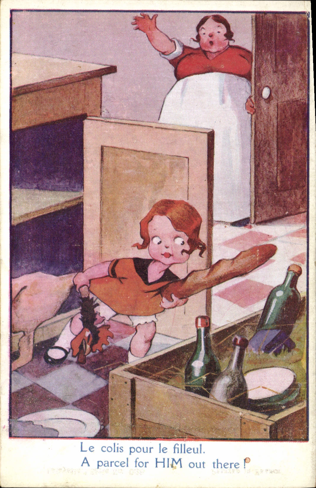 Postal Fantasia Ilustrador Niño el paquete para el ahijado