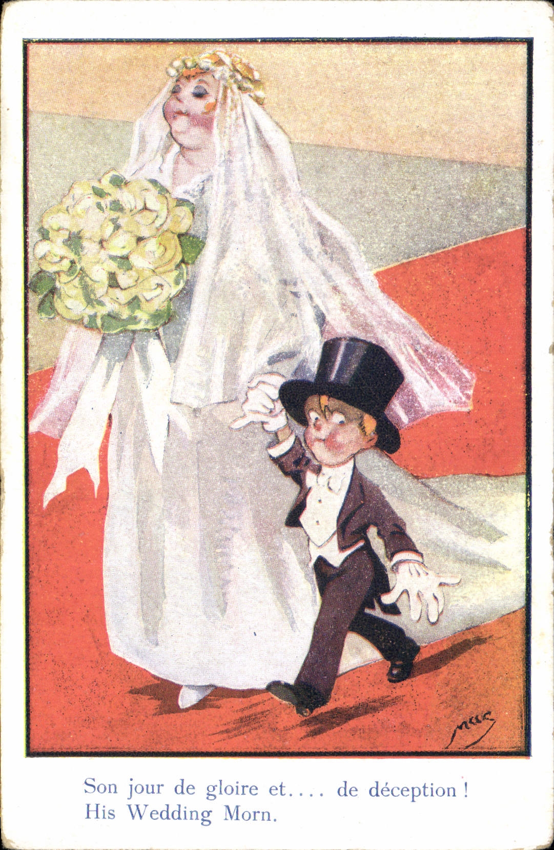 Postal Fantasia Ilustrador Niño Matrimonio Su día de gloria y decepción
