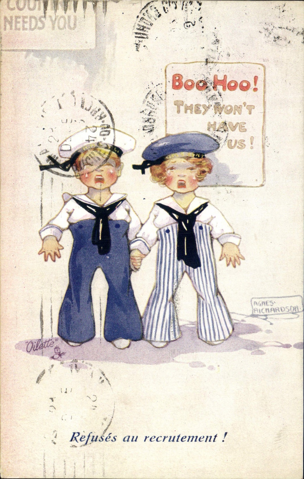 Vintage Postcard Fantaisie Illustrator Children Refuse with recruitment Marins