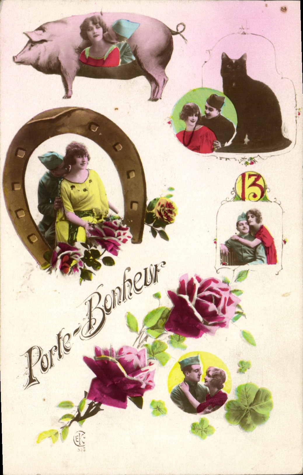 Vintage Postcard Cochon Pig Cat Flowers Woman has Militaria horse