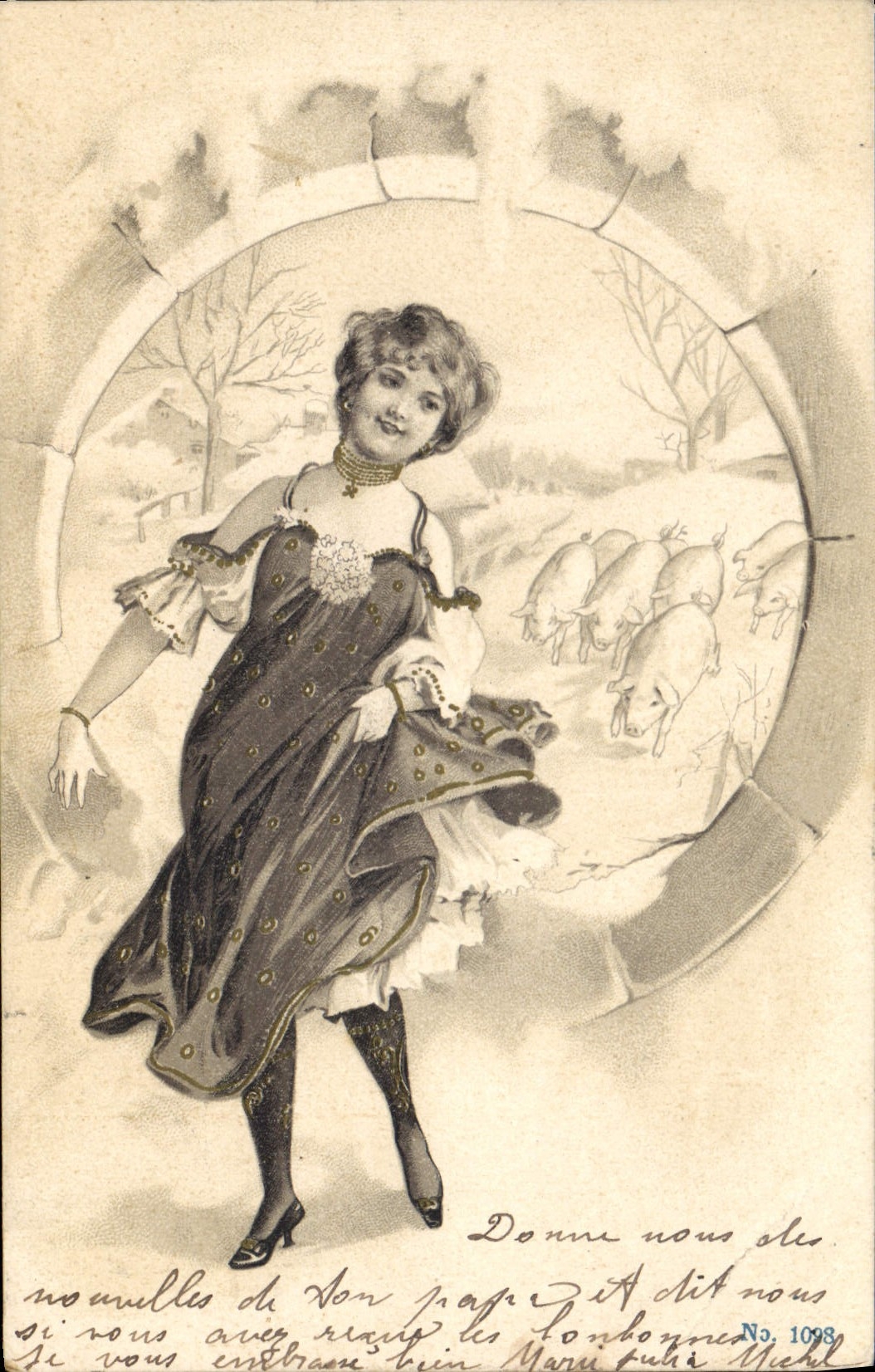 CPA Cochon Porc Femme