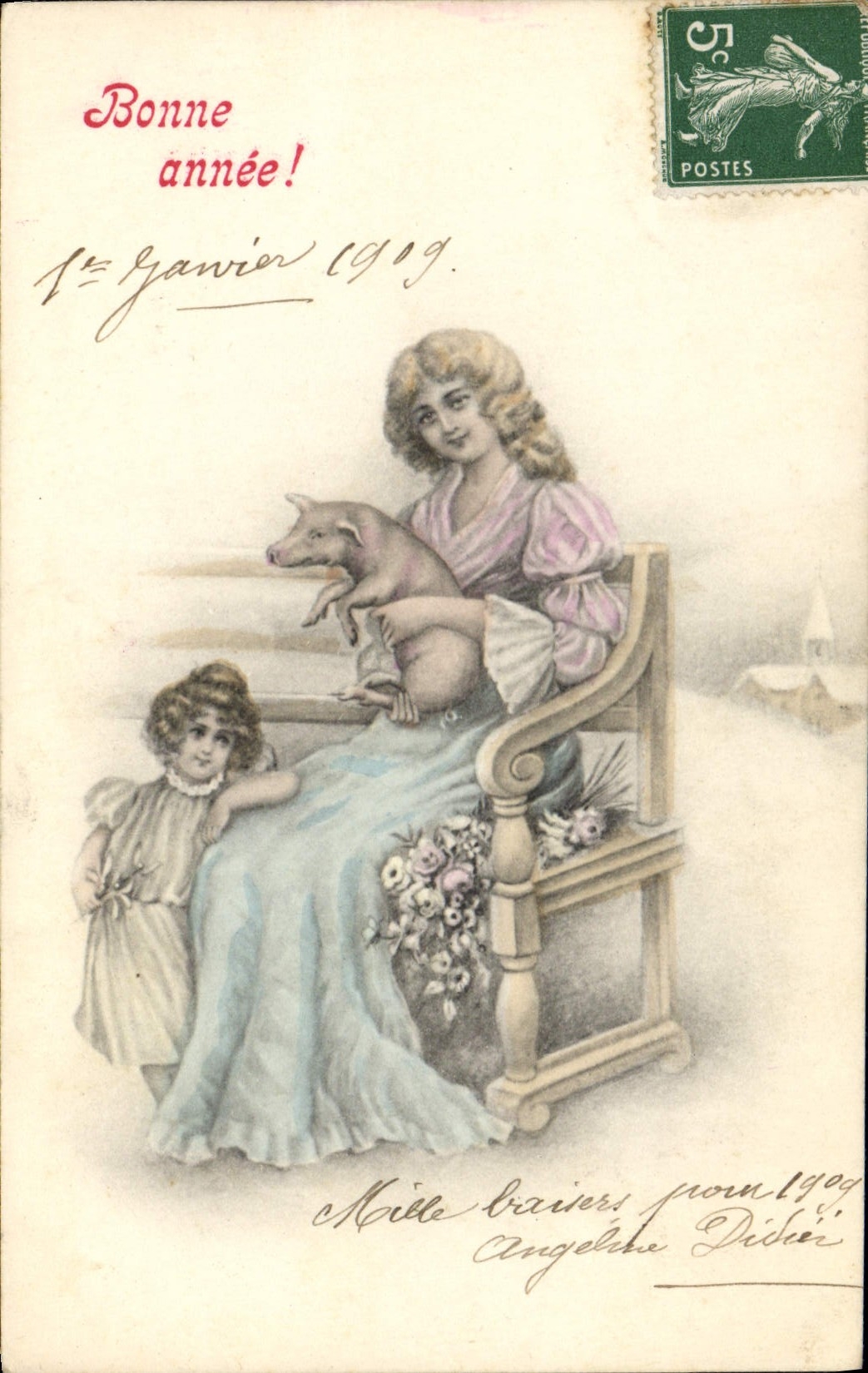 CPA Cochon Porc Femme Enfant 