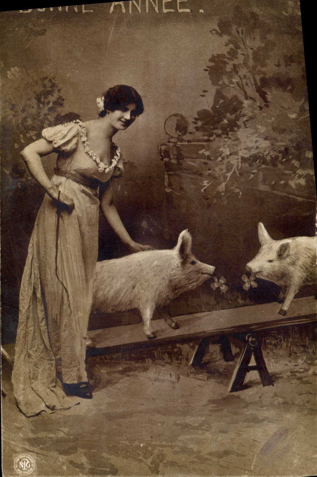 CPA Cochon Porc Femme 