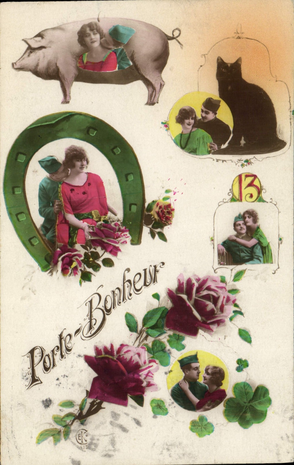 Vintage Postcard Cochon Pig Woman Cat Militaria Horseshoe Chiffre 13