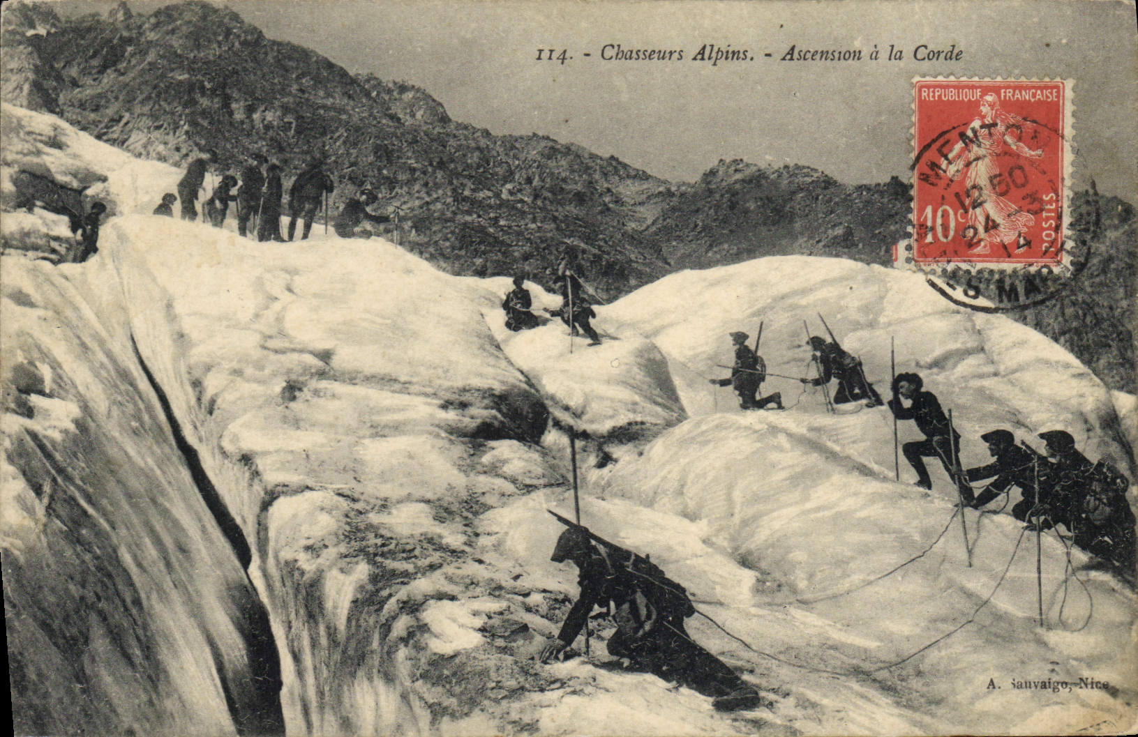 Postal Militaria Cazadores alpestres Ascensión tiene la cuerda Alpinismo