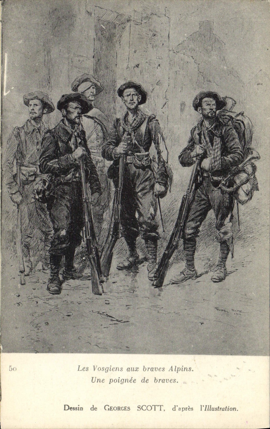 Vintage Postcard Militaria Alpine hunters the Vosgean ones with the Alpine brave men A handful of brave men Georges Scott the Illustration