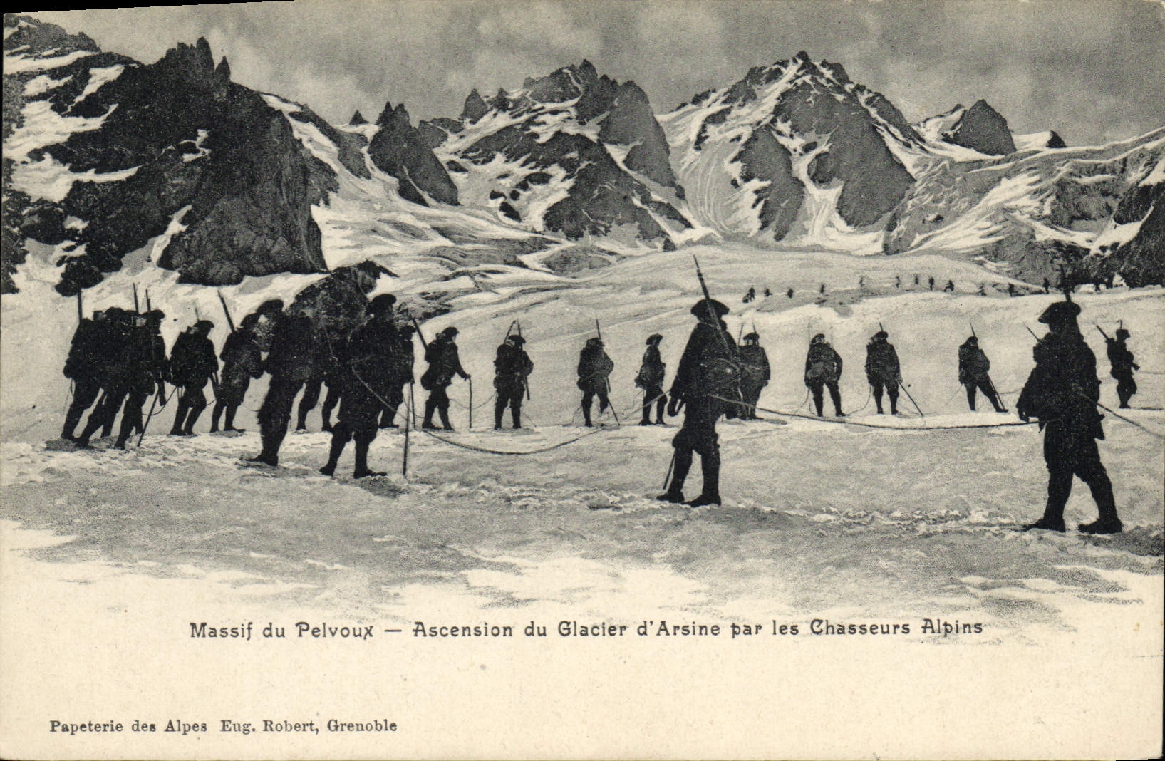 Vintage Postcard Militaria Alpine hunters Solid mass of Pelvoux Rise of the glacier of Arsine