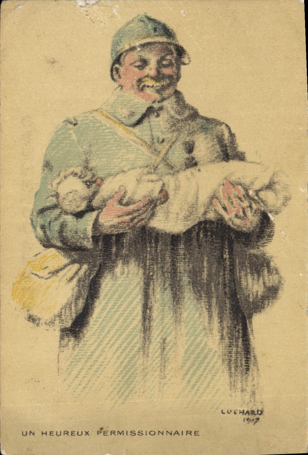 CPA Militaria Un heureux permissionnaire Enfant Bebe