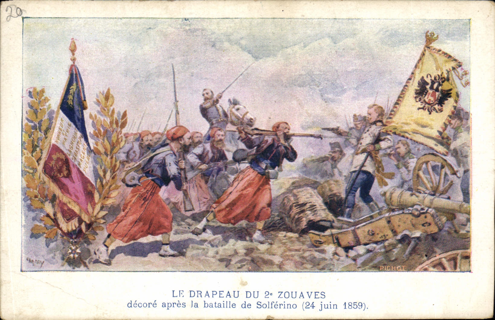 Postal Militaria la bandera del 2.o Zouaves decora después de la batalla de Solferino
