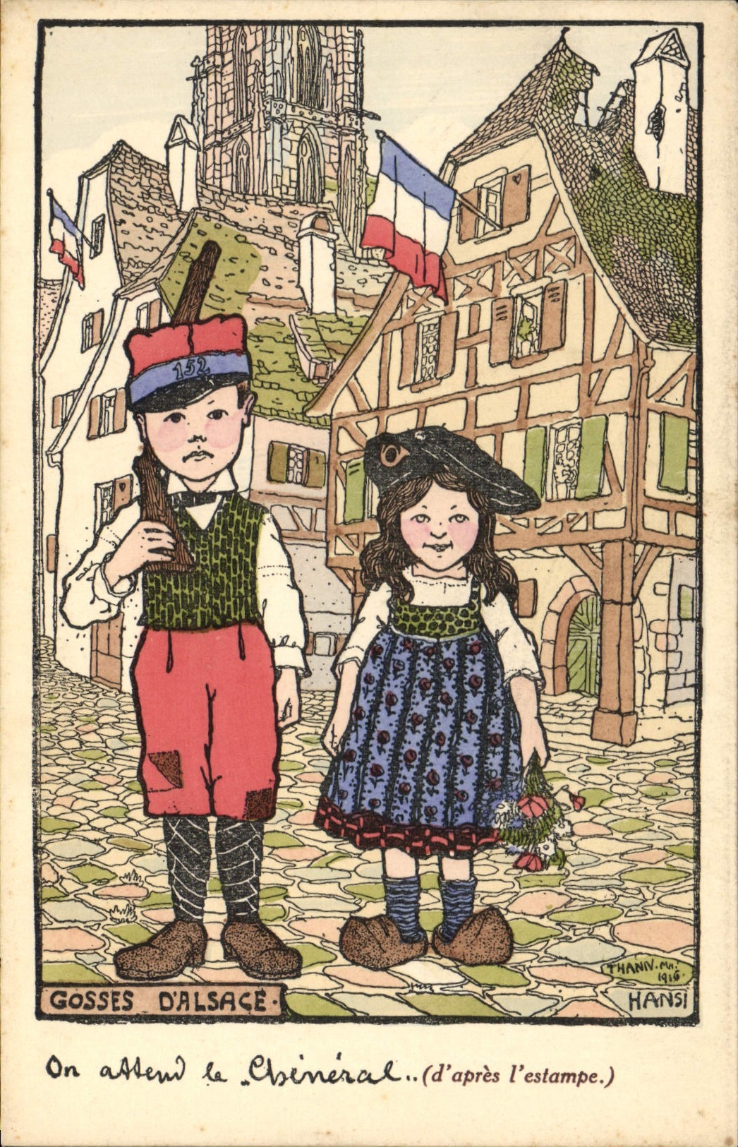 CPA Fantaisie Illustrateur Hansi On attend le Cheneral Gosses d'Alsace Enfants