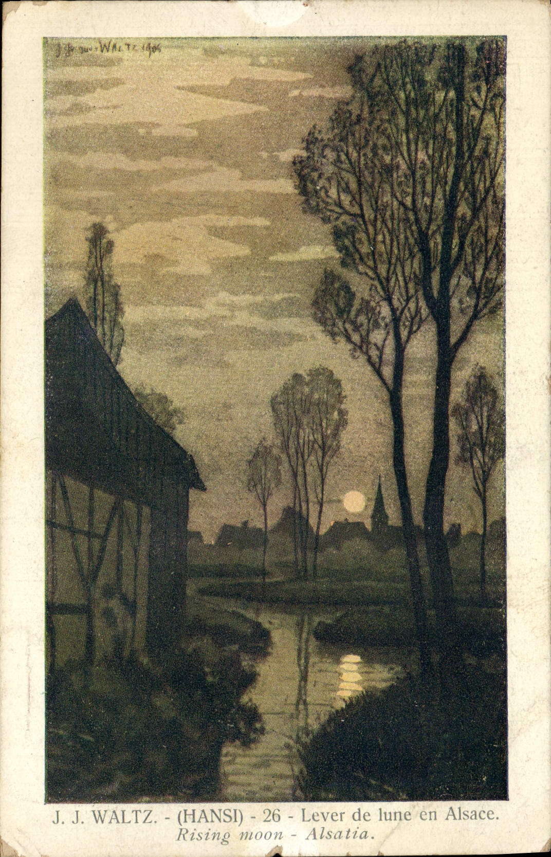 Vintage Postcard Fantasy Illustrator Hansi Alsace Rising of the moon in Alsace