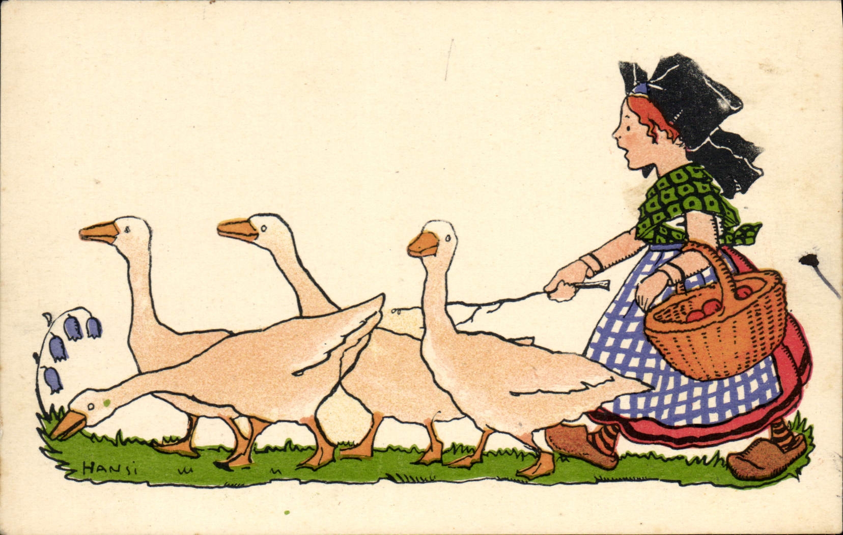 Vintage Postcard Fantasy Illustrator Hansi Alsace Child Geese
