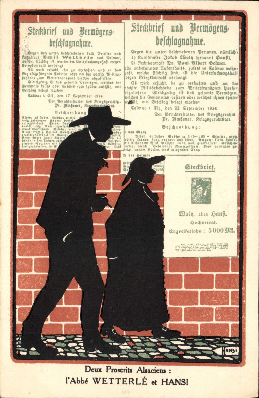 Alsatian Vintage Postcards Fantasy Illustrator Hansi Alsace Two proscribed the abbot Wetterle and Hansi SIGNAL