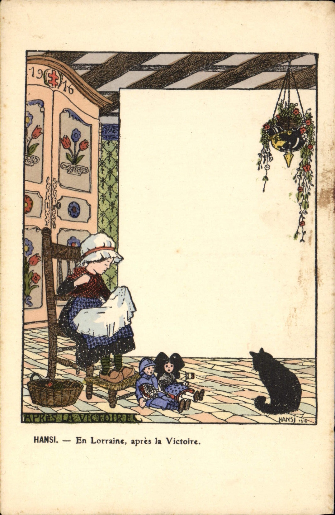 CPA Fantaisie Illustrateur Hansi Alsace En Lorraine apres la victoire Chat poupee Alsace Militaria
