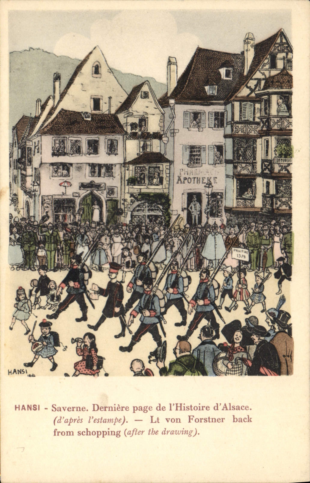 CPA Fantaisie Illustrateur Hansi Alsace Saverne Derniere page de l'histoire d'Alsace Militaria