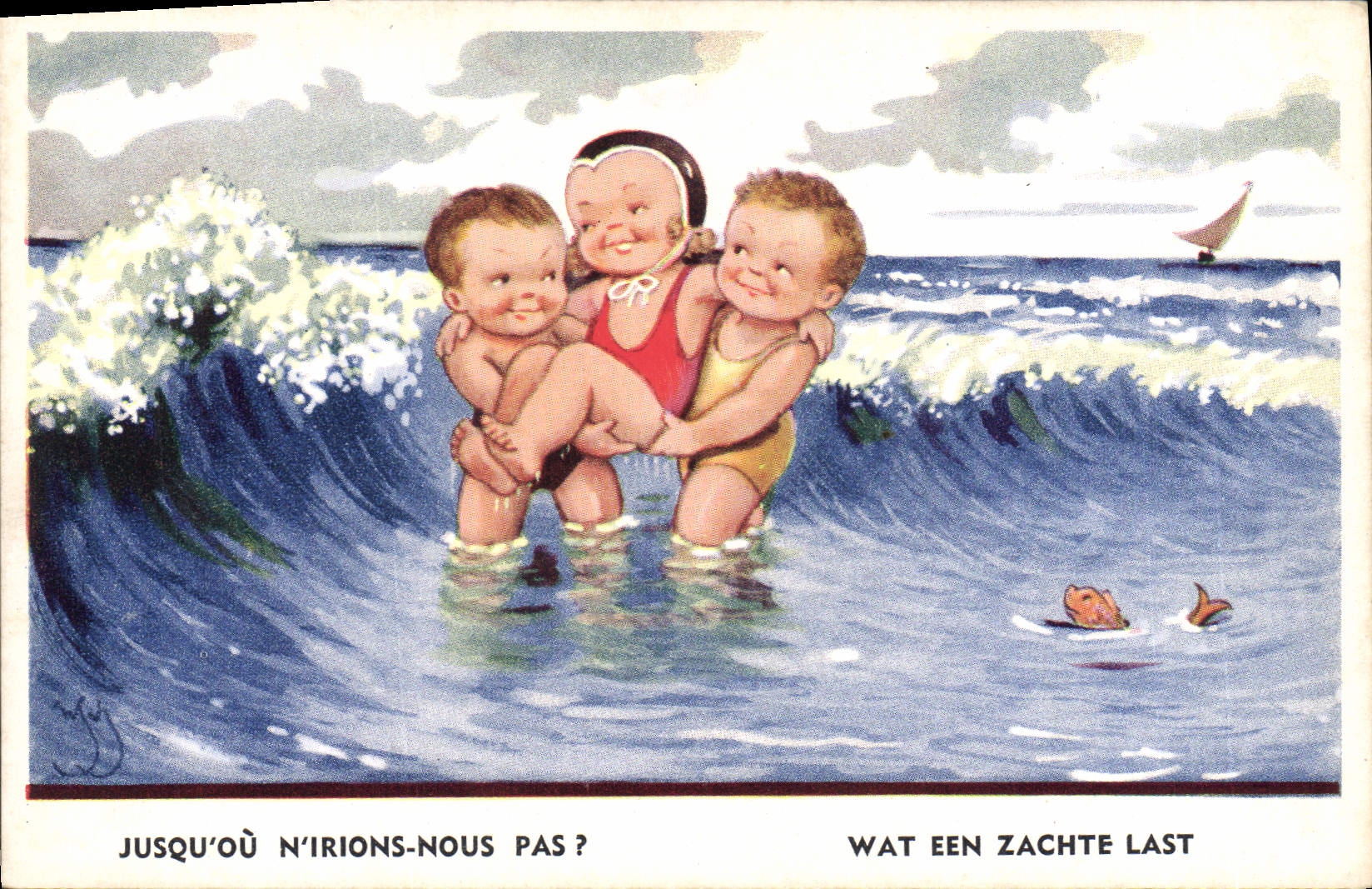 Vintage Postcard Fantasy Illustrator Children Beach