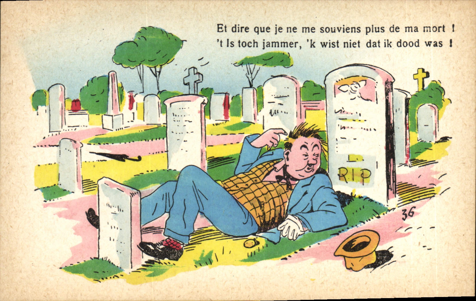 Vintage Postcard Fantasy Illustrator Man Cemetery