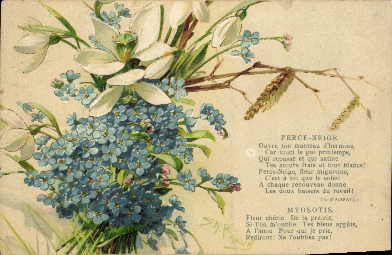 Vintage Postcard Fantaisie Flowers Bores Snow