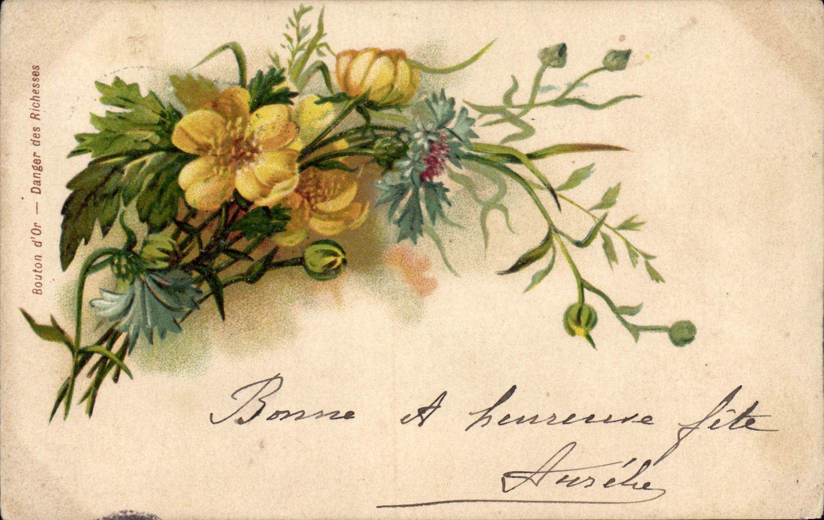 Vintage Postcard Fantasy Flowers Button of gold Danger of the wealths