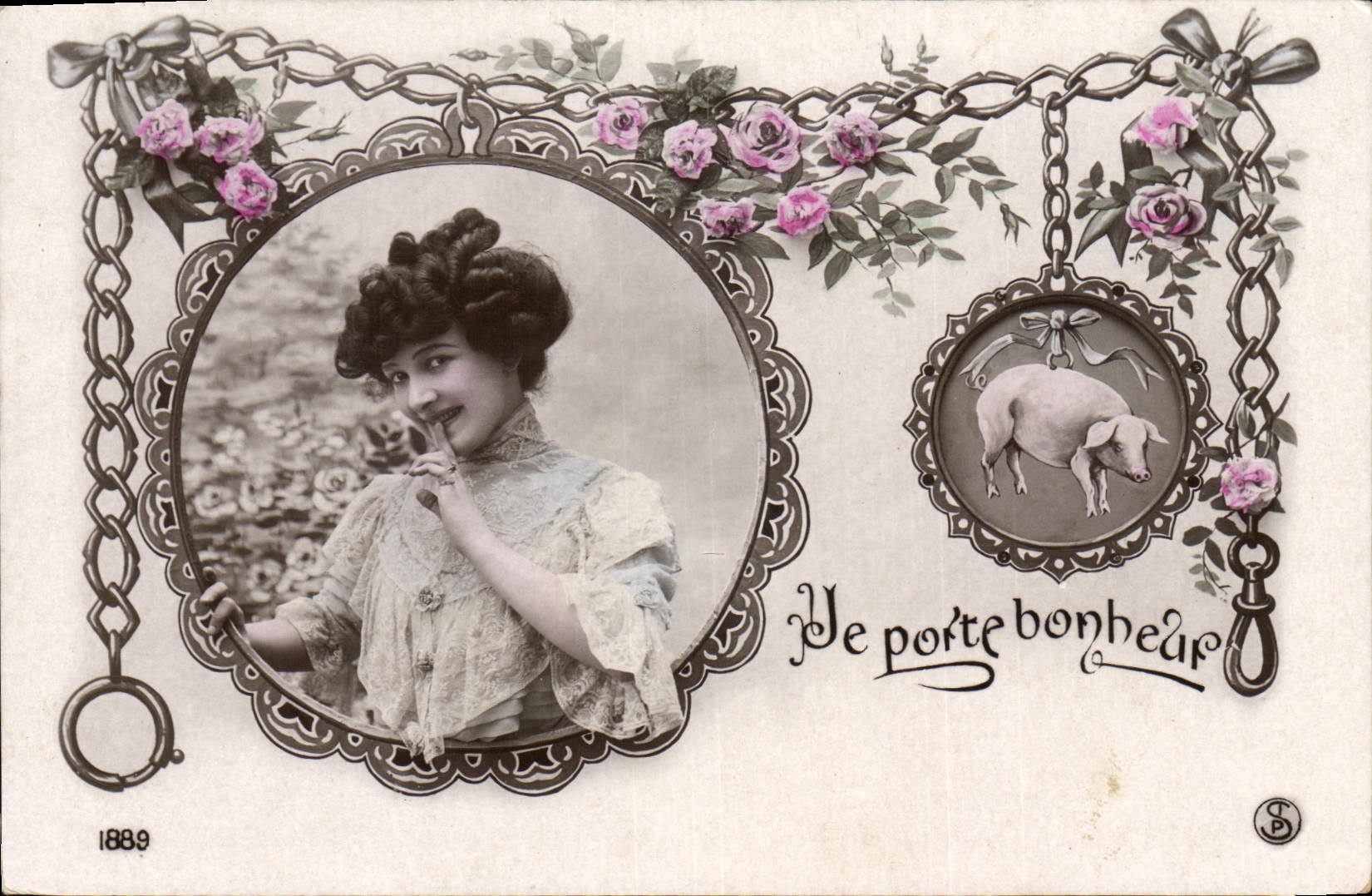 Vintage Postcard Cochon Pig Woman Carries happiness