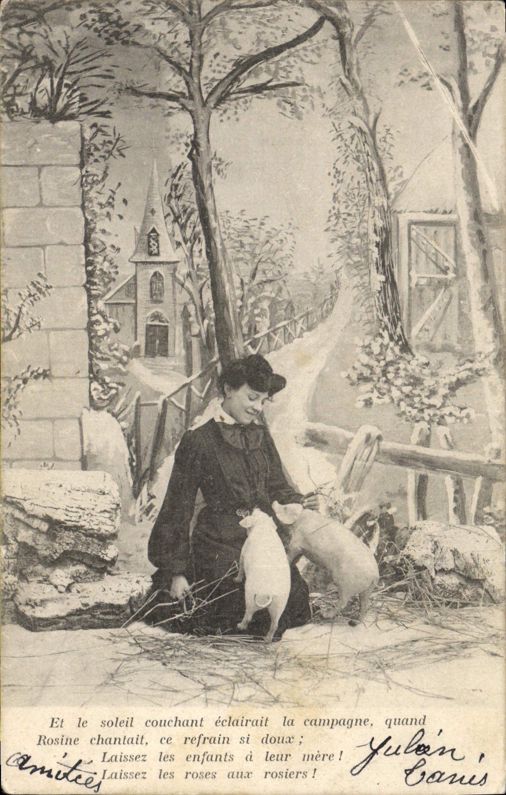 CPA Cochon Porc Femme 