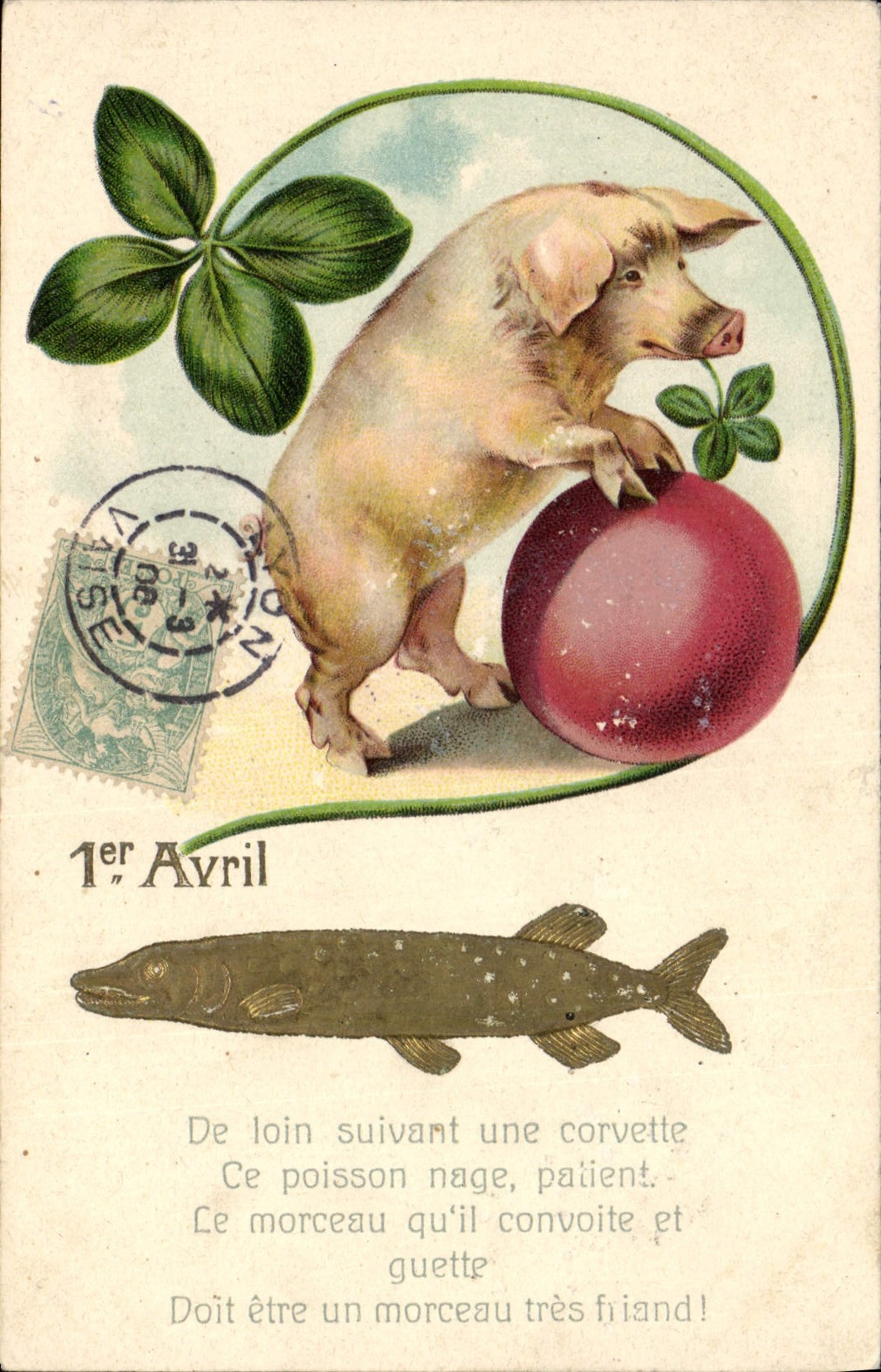 Vintage Postcard Pig Pig Poisson April 1st