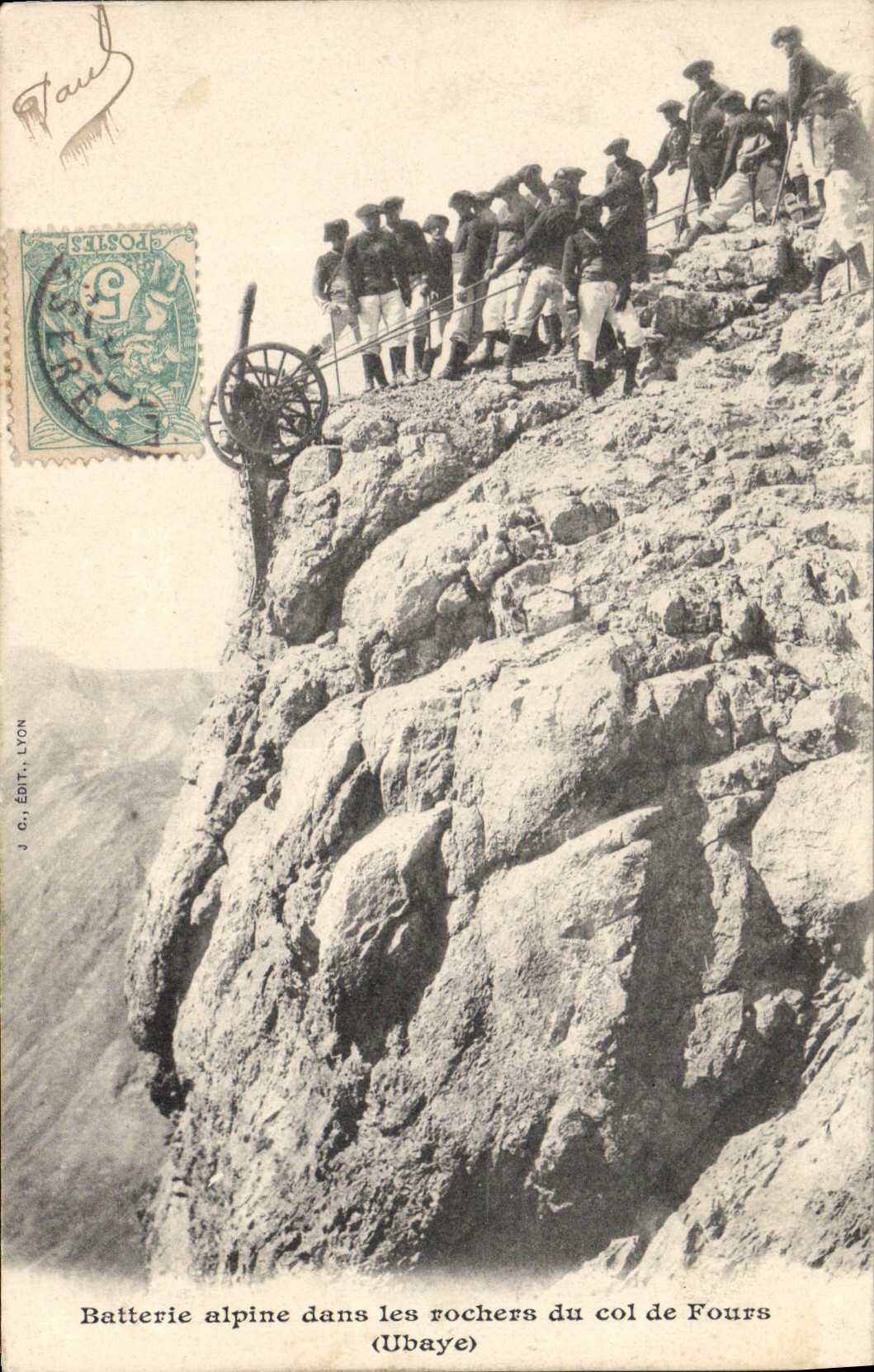 Vintage Postcard Militaria Alpine hunters alpine Battery in the rocks of the collar of Ovens