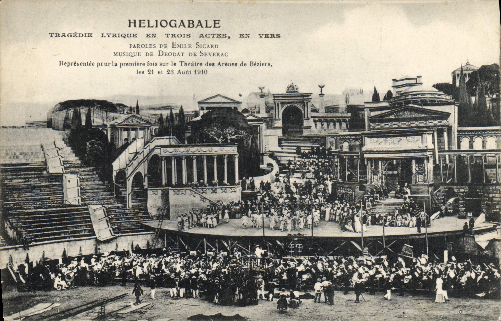 Vintage Postcard Theater lyric Heliogabale Tragedy in three acts Emile Sicard Deodat de Severac Arenas of Beziers