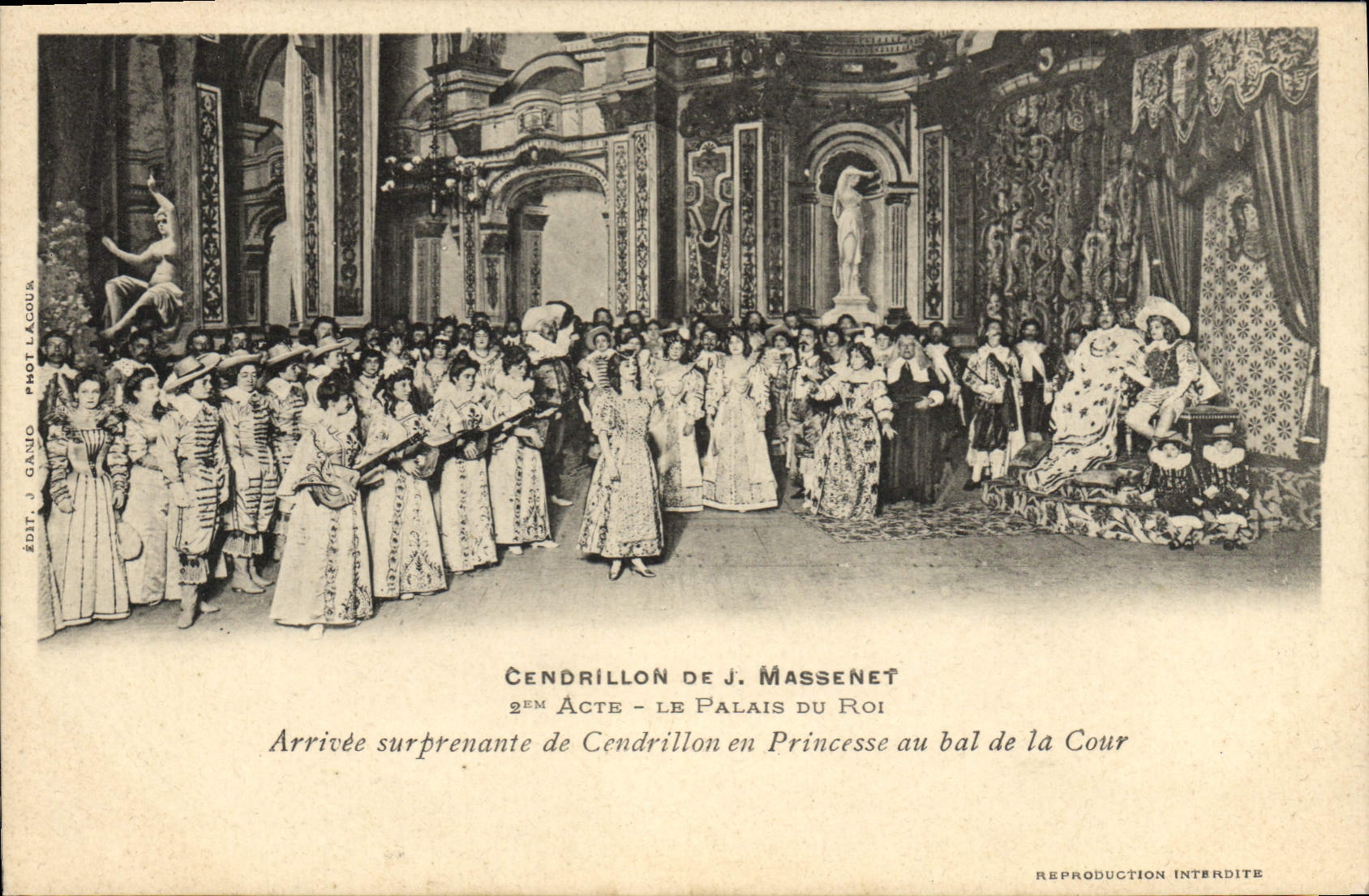 Vintage Postcard Theater Cinderella of J Massenet the palate of king Arrivee surprising of Cinderella as a princess of ball of the court
