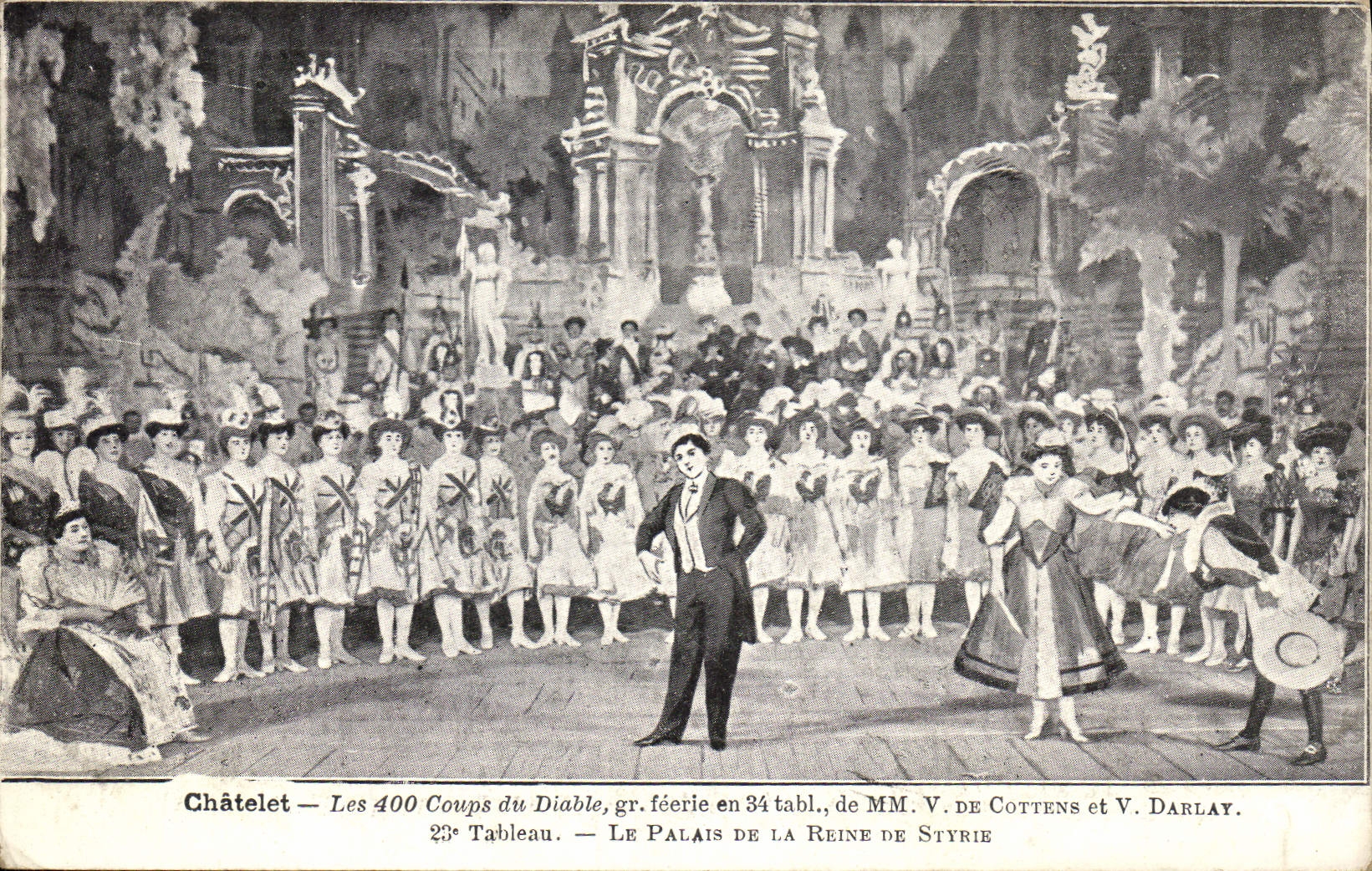 Postal Teatro el Ardeche ilustrado Valles los Baños el casino una representación al aire libre