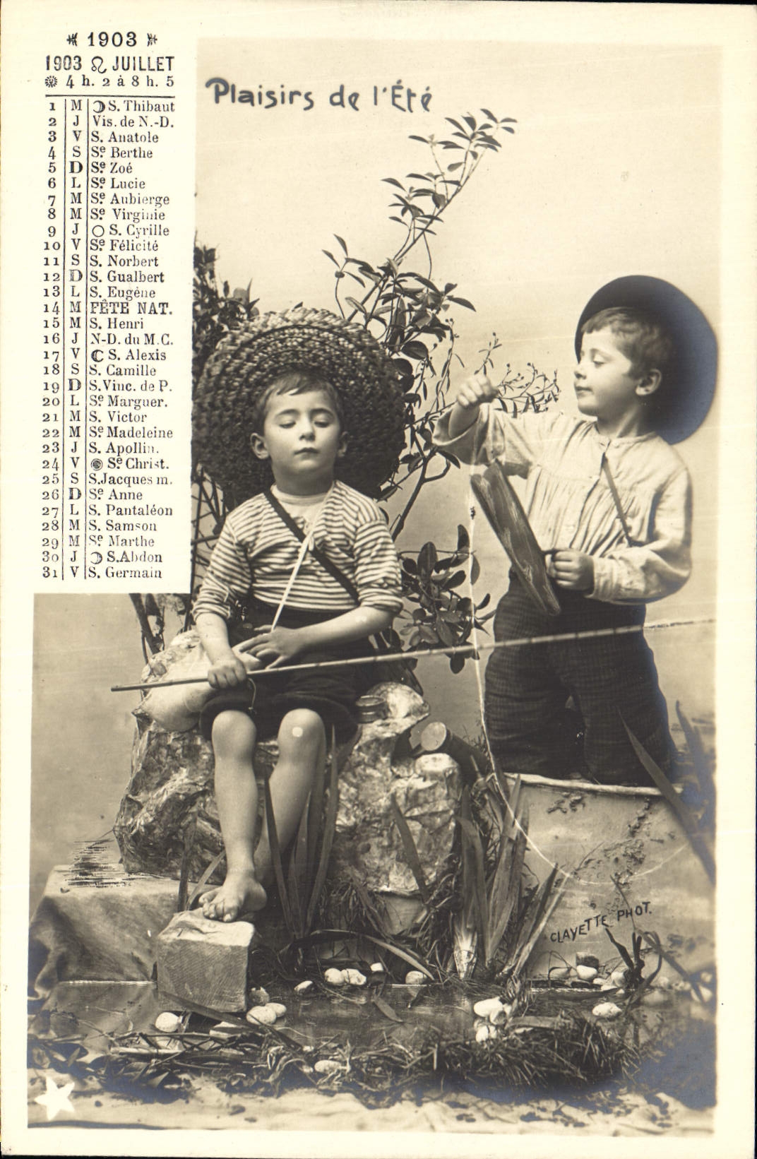 Vintage Postcard Calendar July 1903 Pleasures of the summer Plays Children