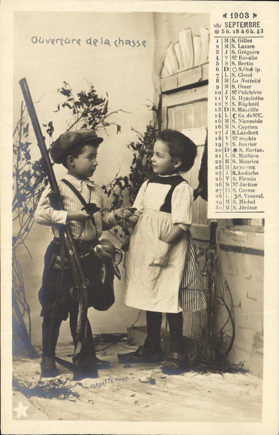 Vintage Postcard Calendar September 1903 Opening of the shooting season