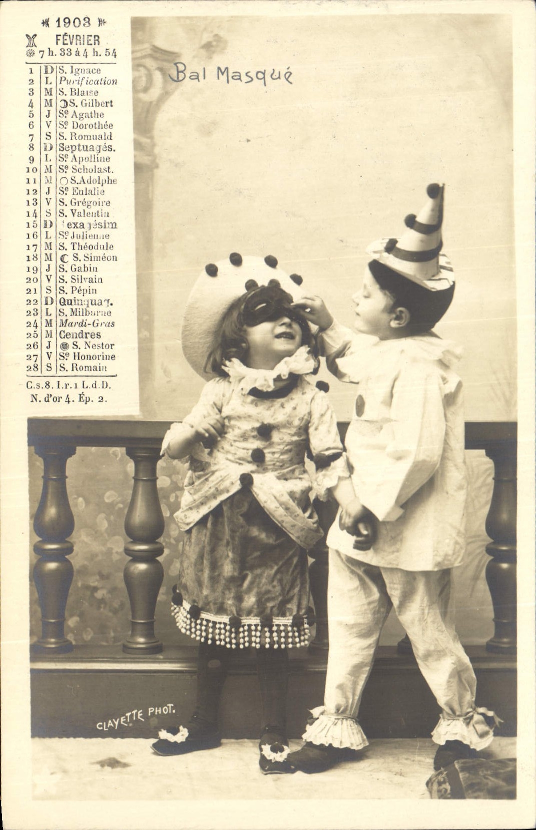 Vintage Postcard Calendrier February 1903 Ball masks Enfants Plays