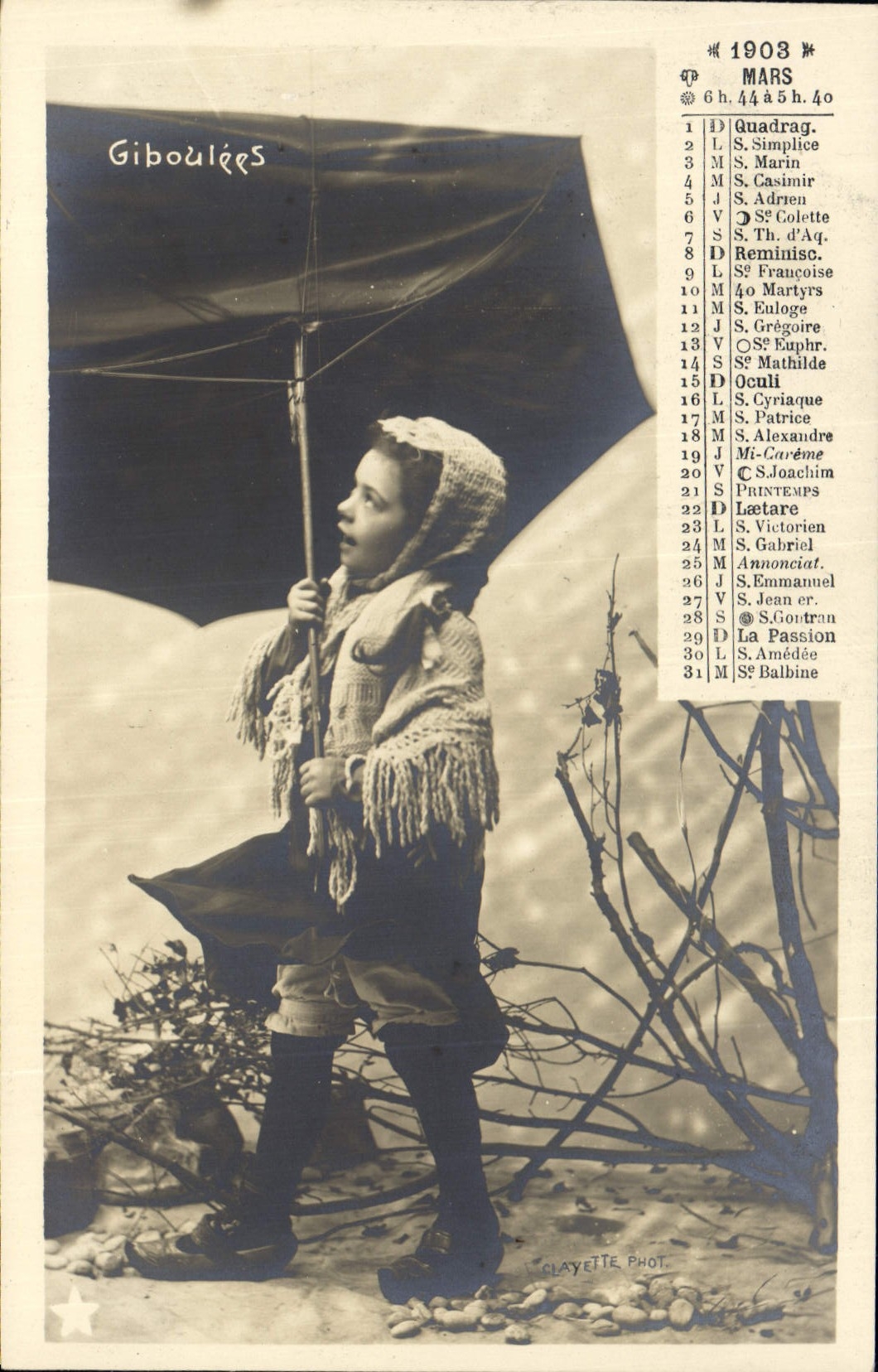 Vintage Postcard Calendar March 1903 Showers Plays Children