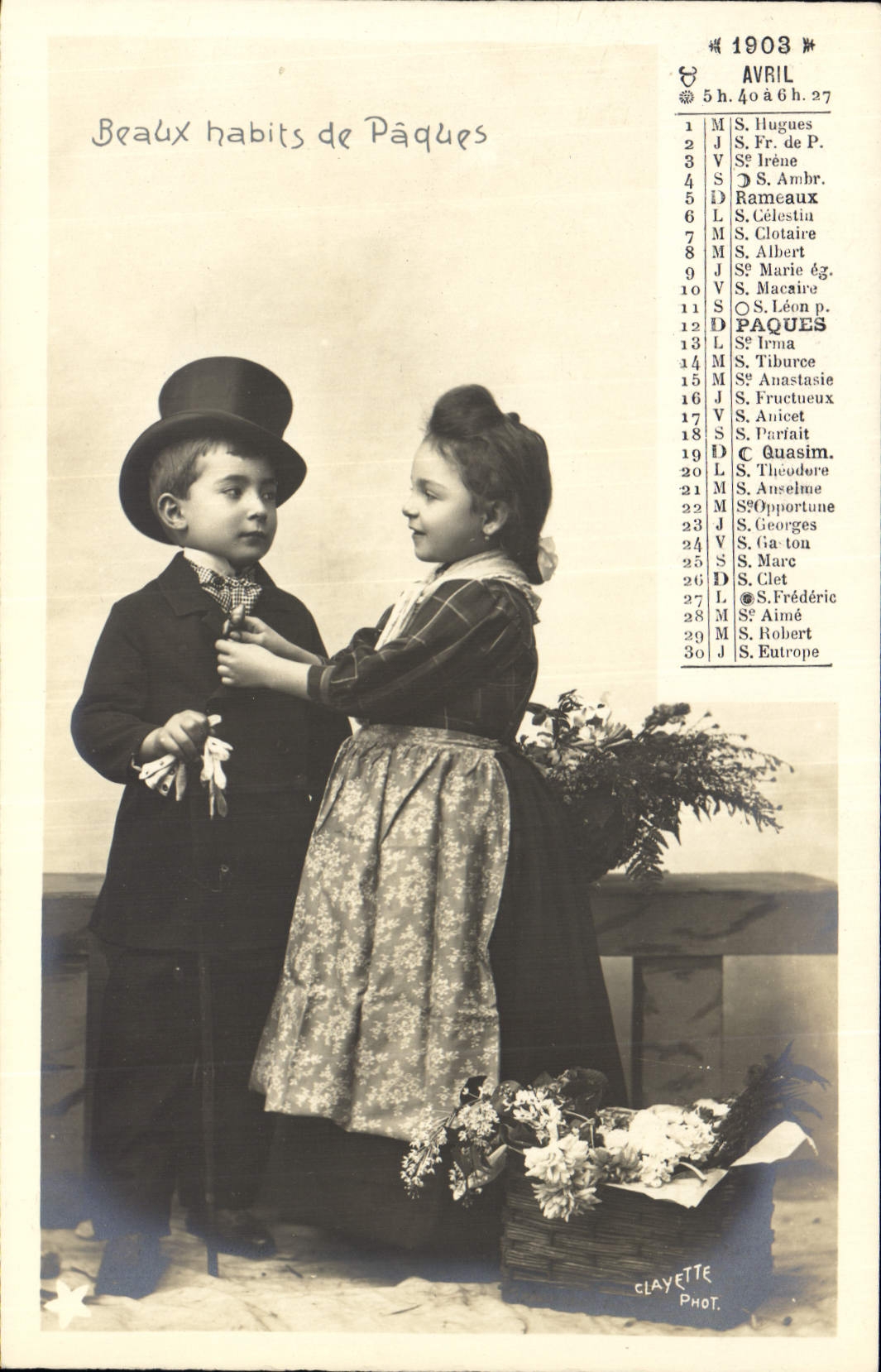 Vintage Postcard Calendar April 1903 Beautiful clothes of Easter Children Plays