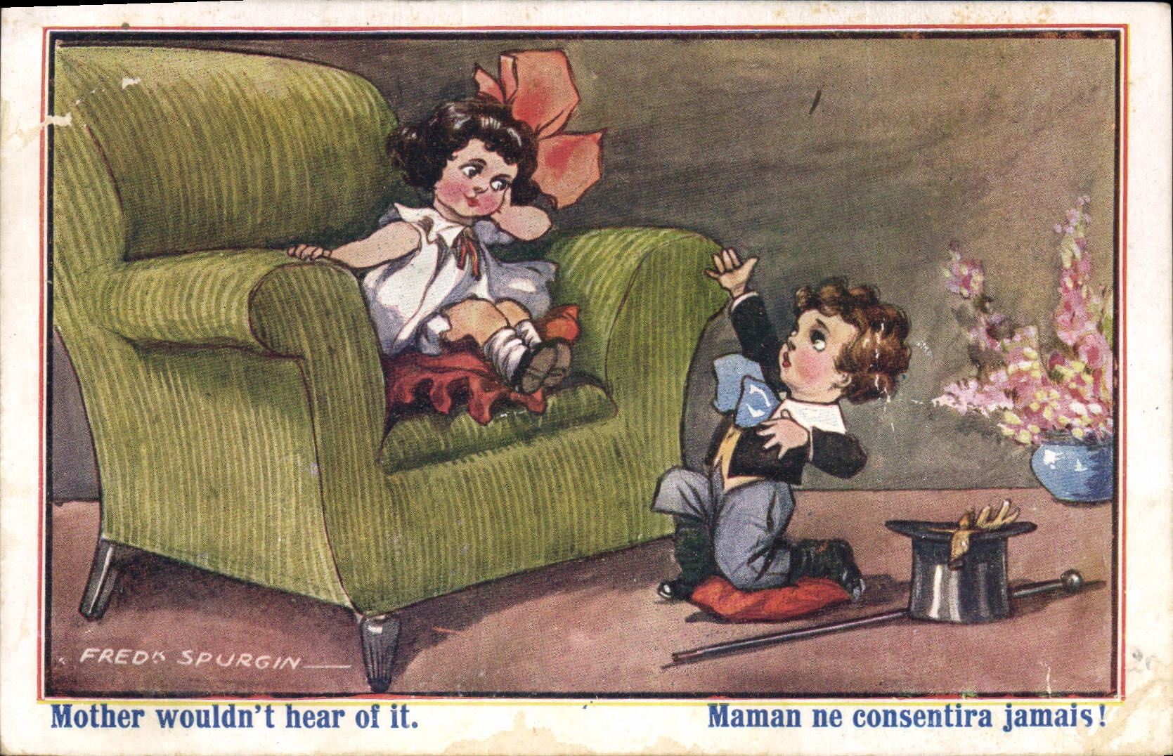 Vintage Postcard Fantaisie Illustrator Fred Spurgin Enfants Mom will never agree