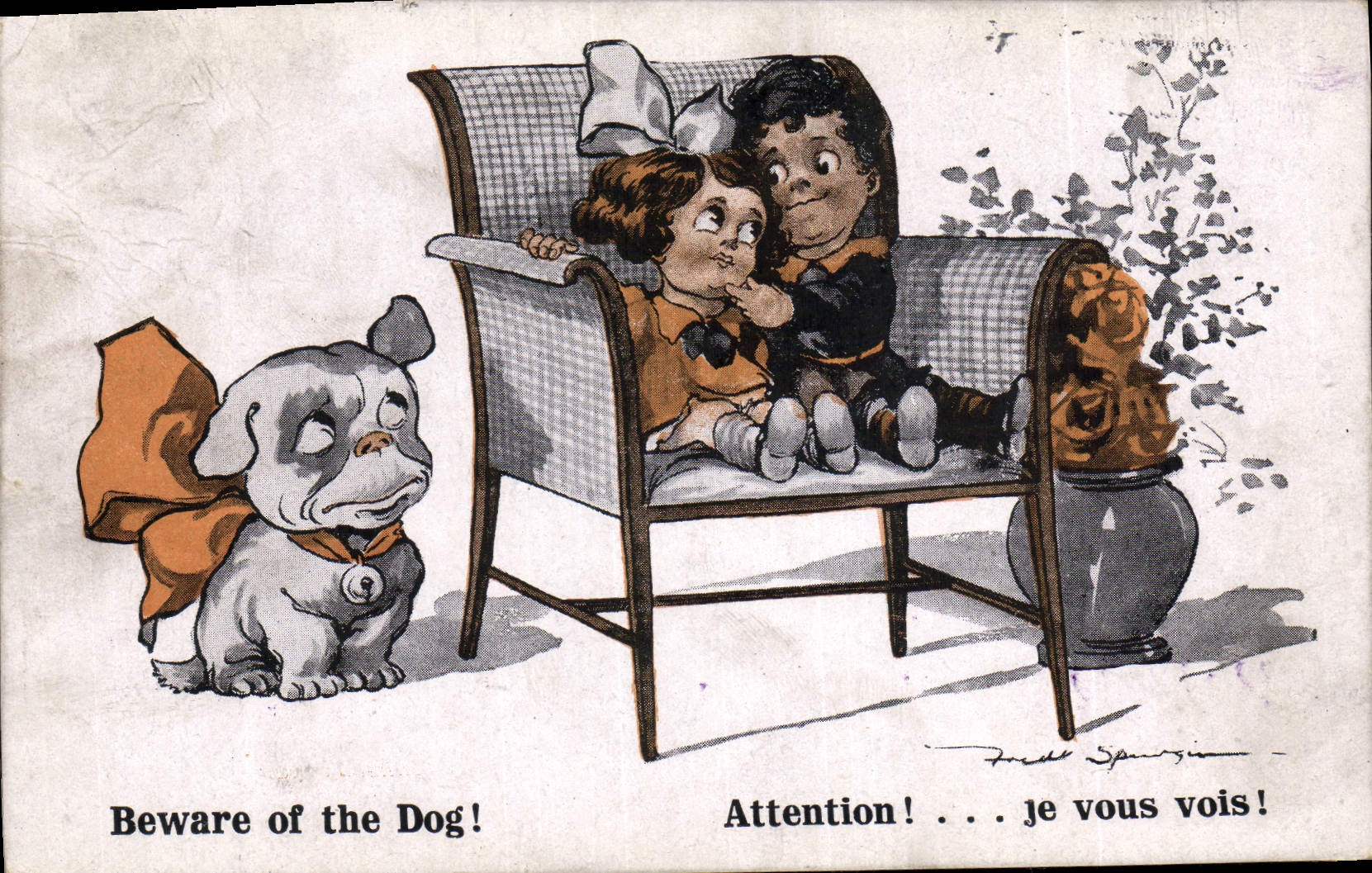 Vintage Postcard Fantasy Illustrator Children Beware of the dog! Dog