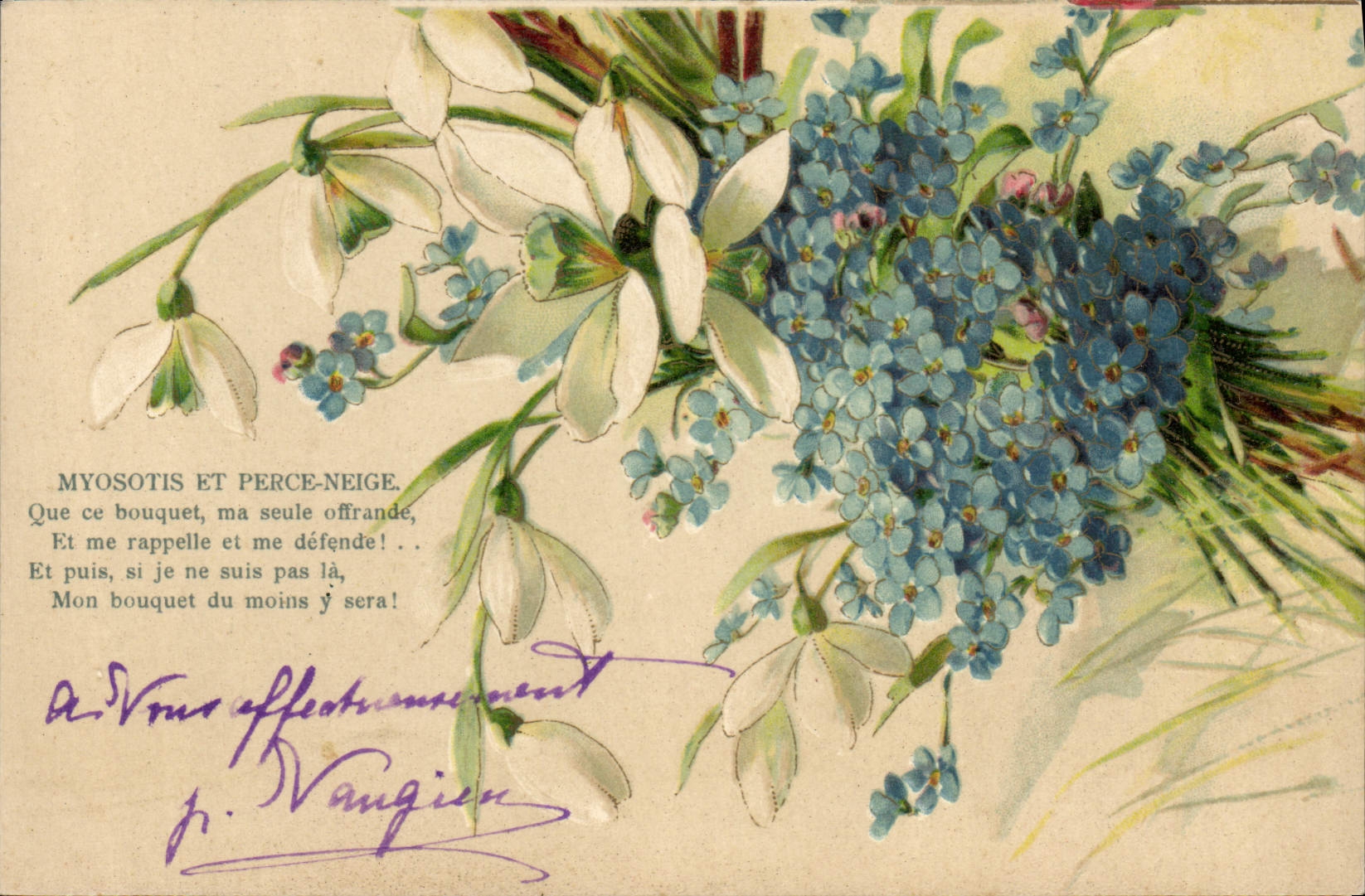 Postal Fantasia Flores Miosota y Perforador Nieve