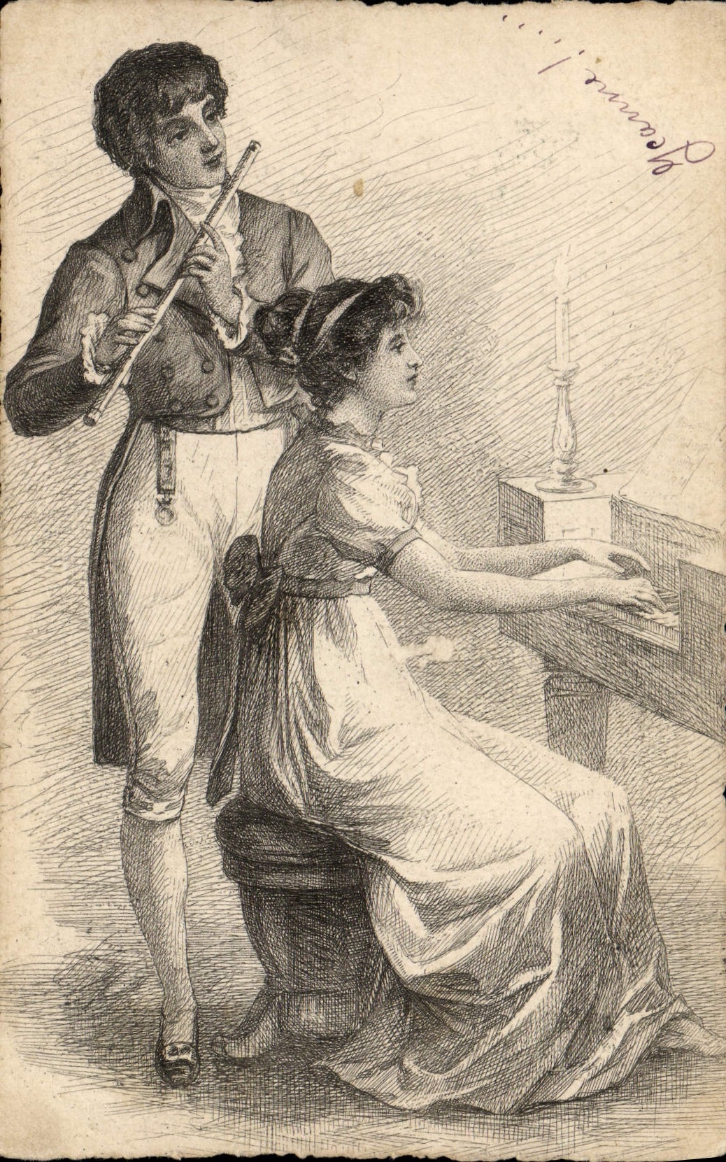 Postal Mujer Flauta Clavicordio