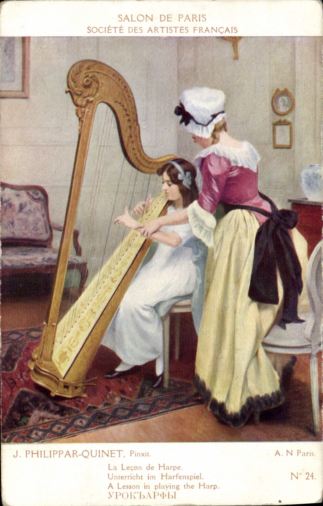 Postal Salón de París Philippar Quinet la lección de arpa