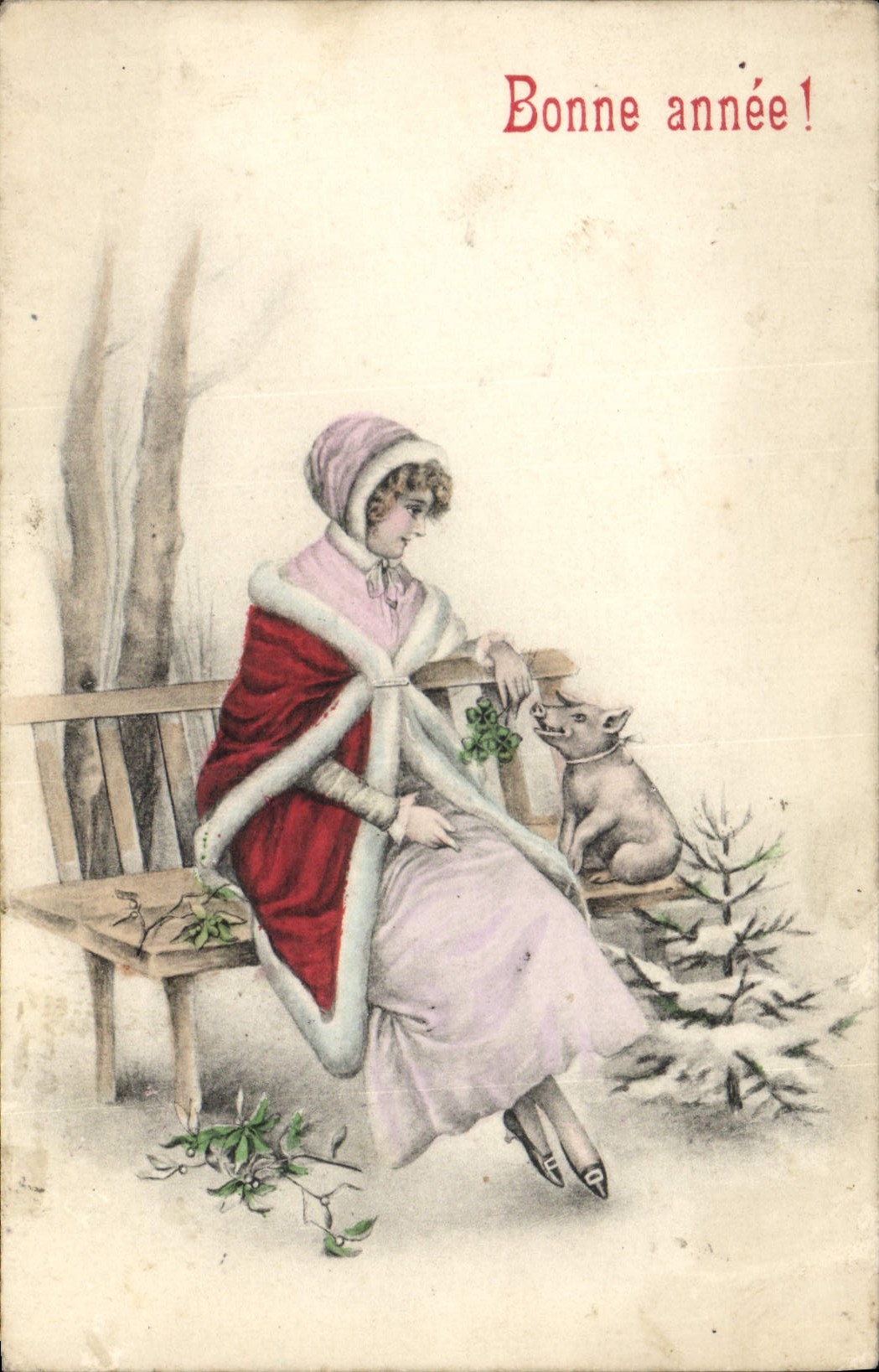 CPA Cochon Porc Femme Bonne annee 