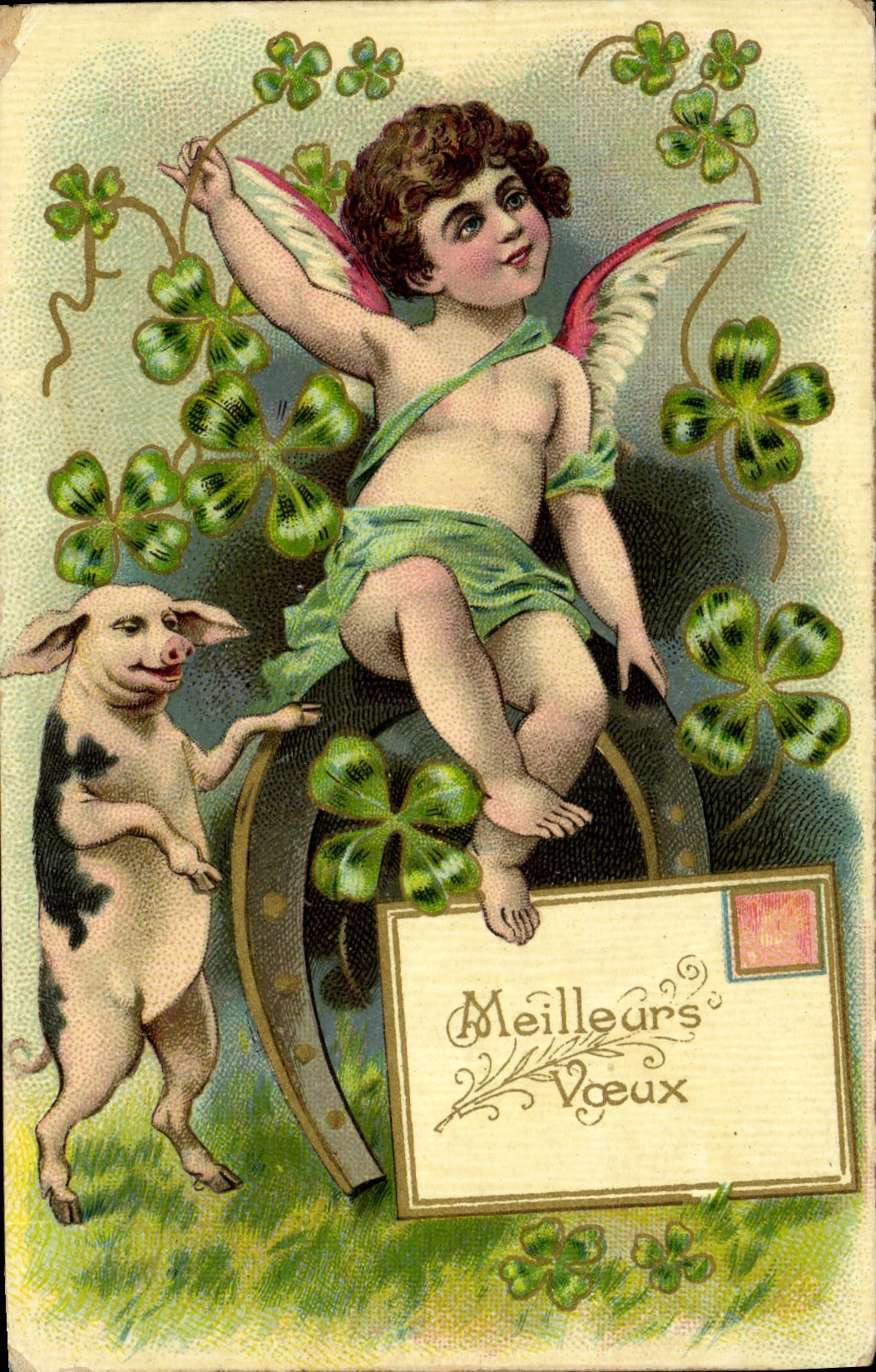 Vintage Postcard Cochon Pig Angel Horseshoe