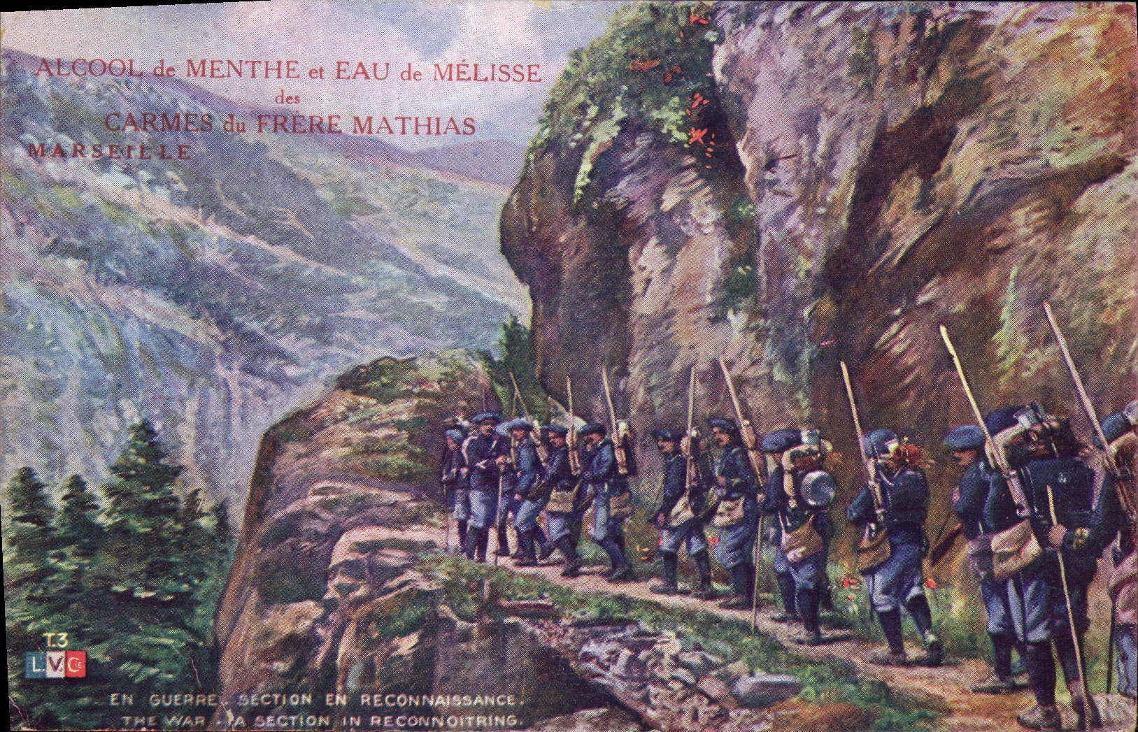 CPA Militaria Chasseurs alpins Section en reconnaissance Alcool de menthe Eau de Melisse Carmes du Frere Mathias Marseille