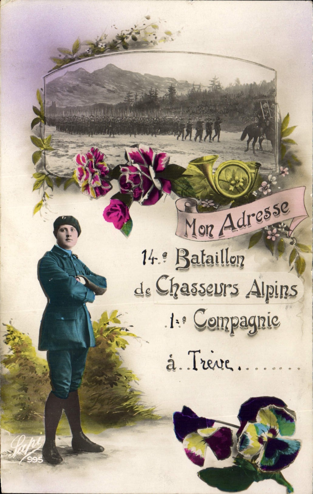 Vintage Postcard Militaria Alpine hunters 14th battalion 1st Company has Treve
