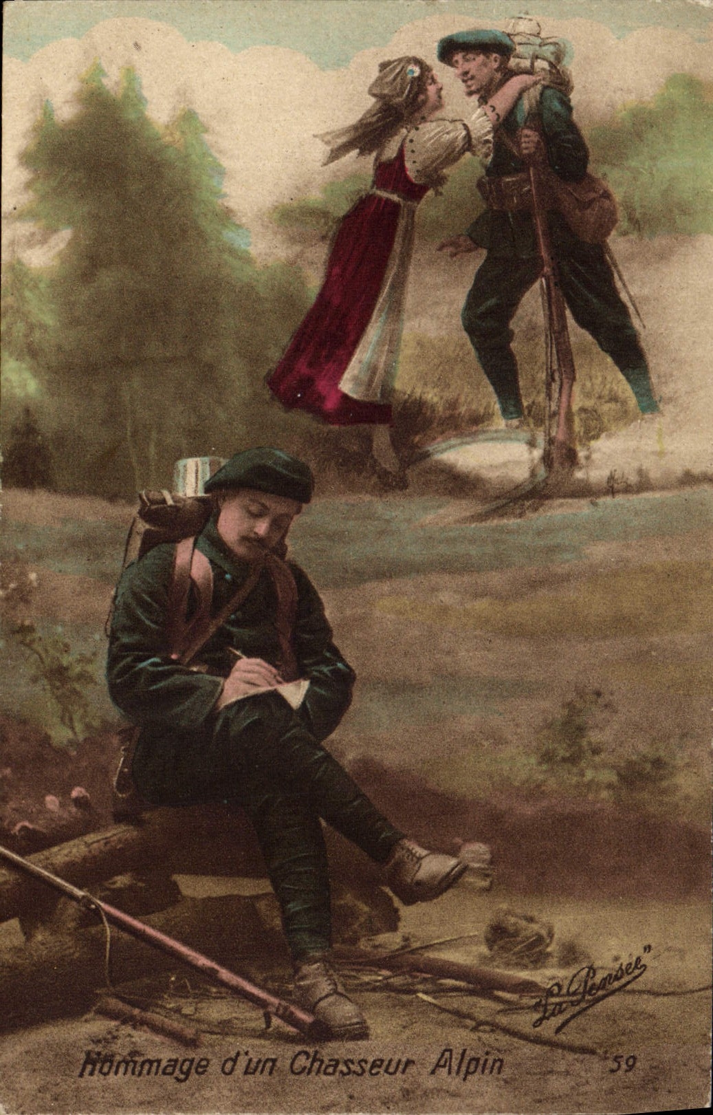 Vintage Postcard Militaria Alpine hunters Homage Alsace Woman