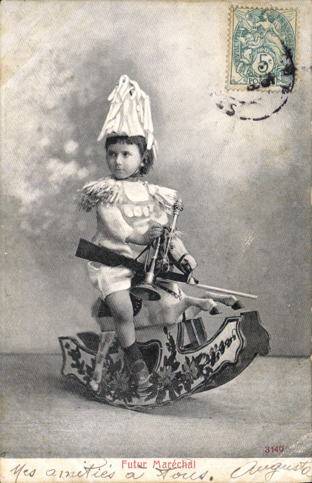 Vintage Postcard Futur marshal Enfant Rocking horse