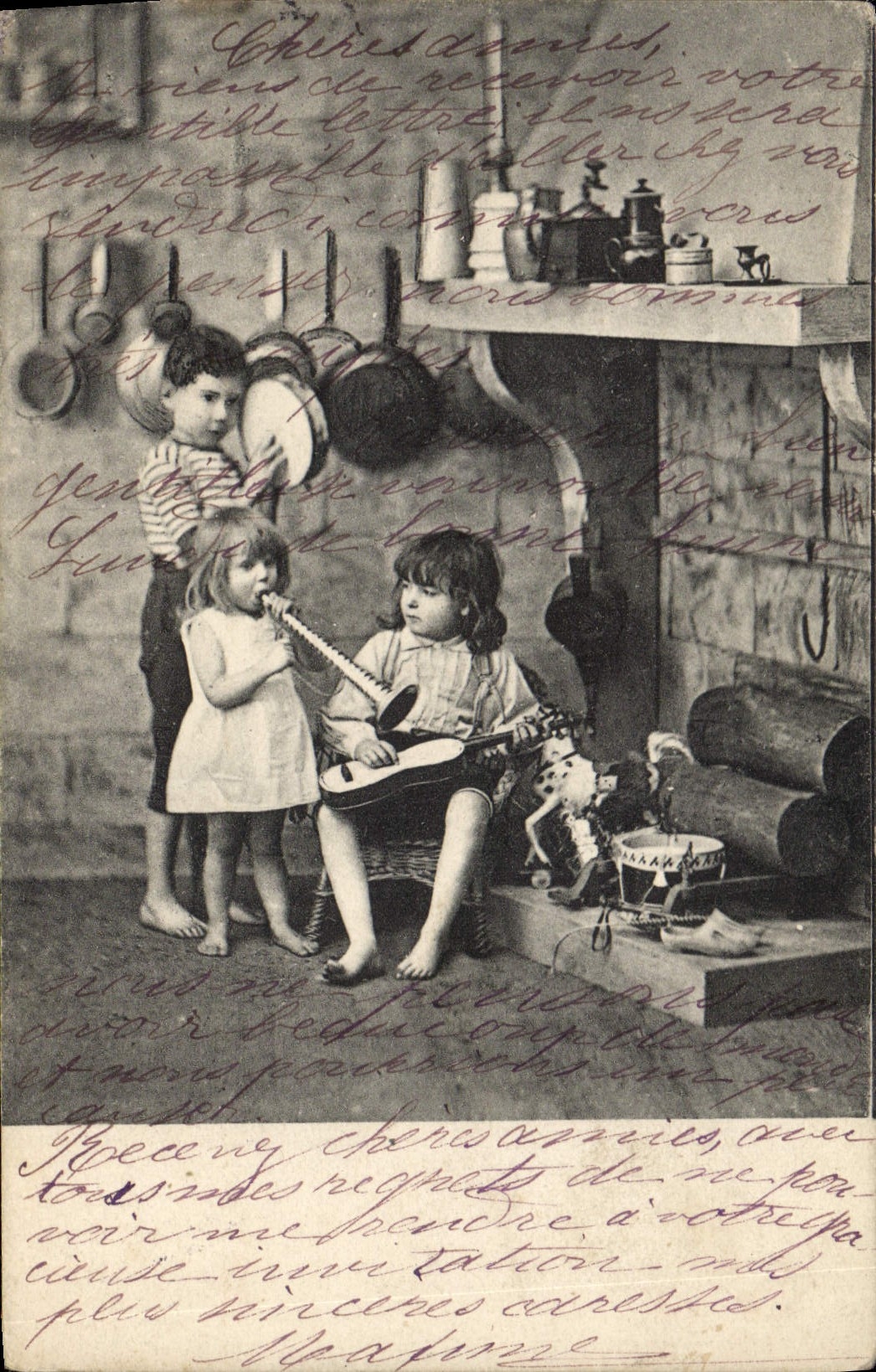 Vintage Postcard Enfants Trumpets Guitar